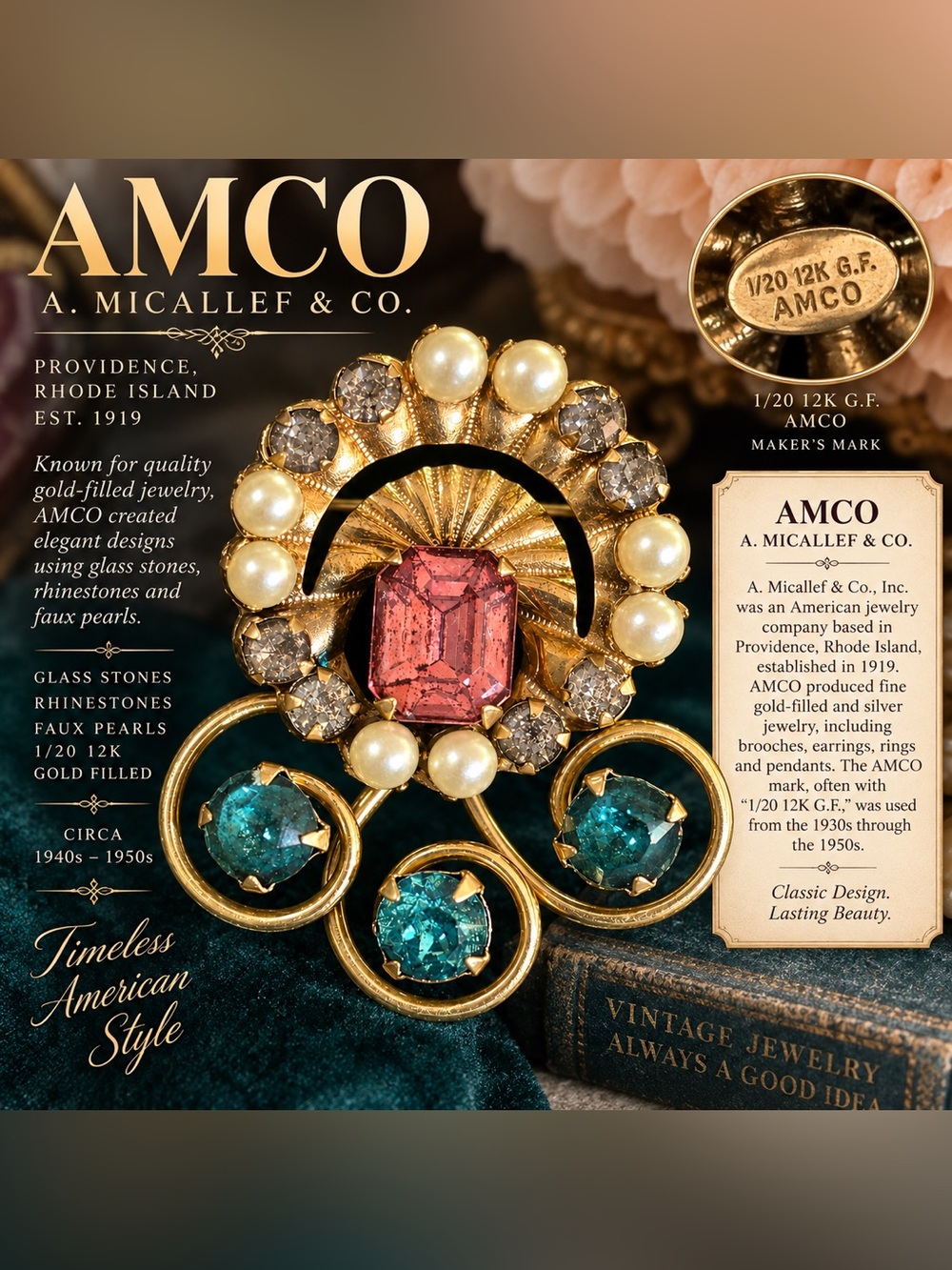 AMCO Gold-Tone Brooch with Pink, Teal and Pearl Accents